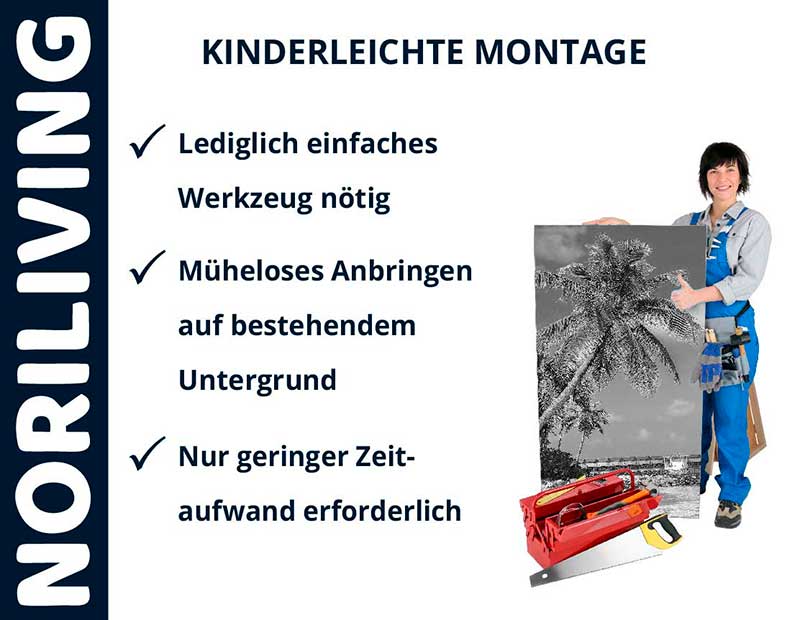 NORILIVING - Einfache Montage von Wanddekoration Person präsentiert Bild mit kinderleichter Montage, angelehnt an NORILIVING-Anleitung. Einfache Werkzeuge und geringe Zeit erforderlich.