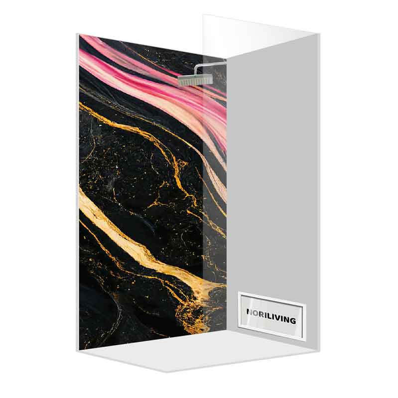 Eckduschwand mit elegantem abstraktem Schwarz-Gold-Rosa-Muster