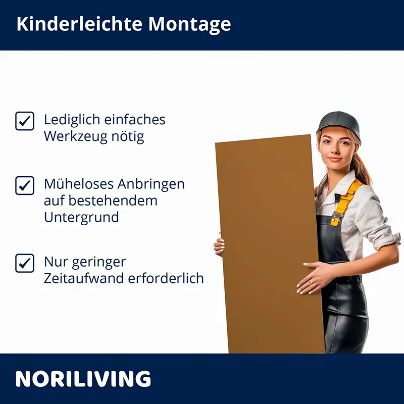 Frau in Arbeitskleidung hält Wandpanel, einfache Montage
