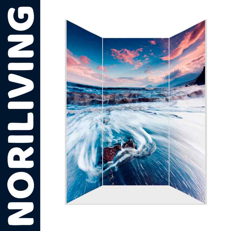 Dekorativer Raumteiler mit Meereslandschaft von NORILIVING Raumteiler mit atemberaubendem Meeresmotiv und Himmel in Pink- und Blautönen von NORILIVING.