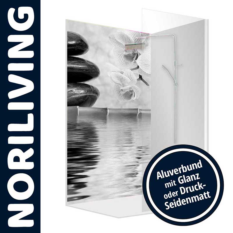 Duschtrennwand mit Zen-Motiv aus Alu-Verbund, Glanz oder Druck-Seidenmatt