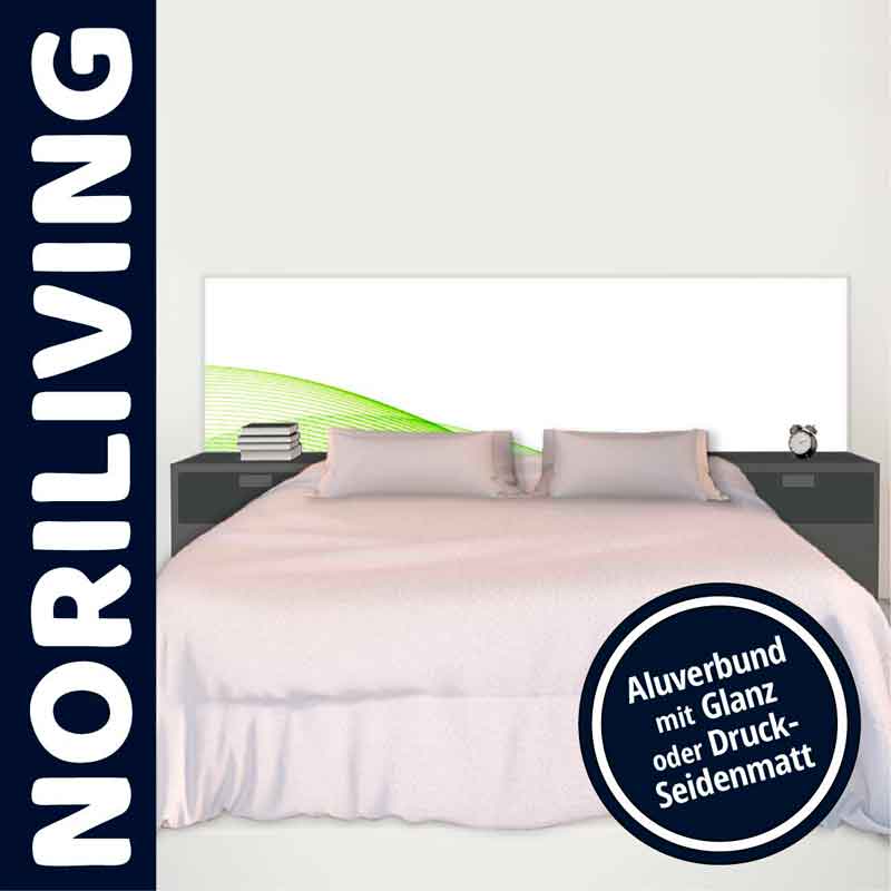 Bett mit glanzvollem oder seidenglänzendem Alubund-Kopfteil und moderner Einrichtung