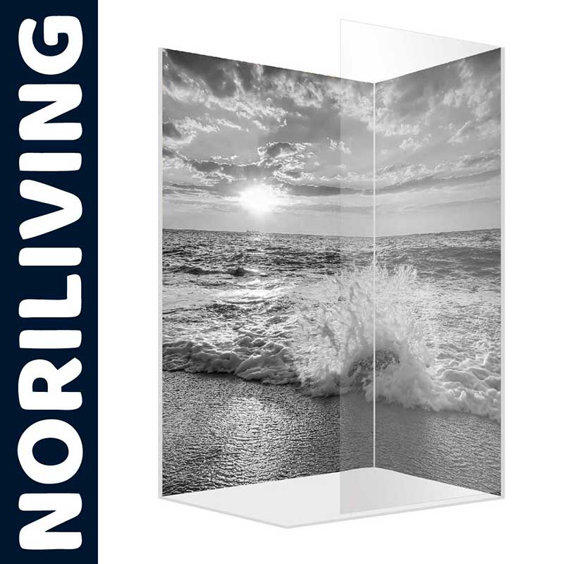 NORILIVING Duschwand mit Strand-Sonnenuntergangsmotiv Duschwand mit stimmungsvollem Schwarzweißbild von Wellen am Strand und untergehender Sonne