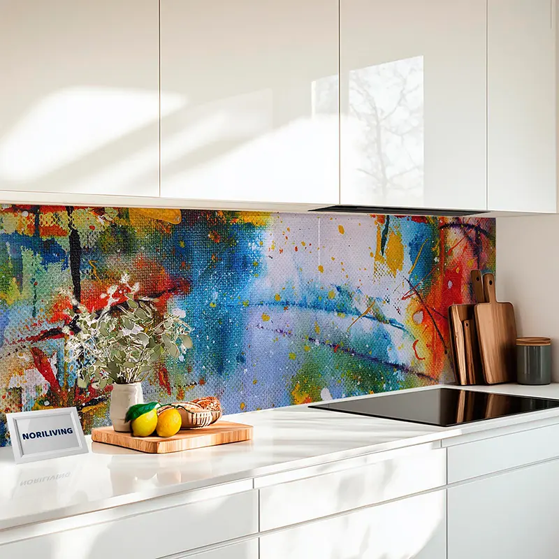 Küchenrückwand Alu Abstraktes Farbenspiel in Blau, Rot und Gelb 129