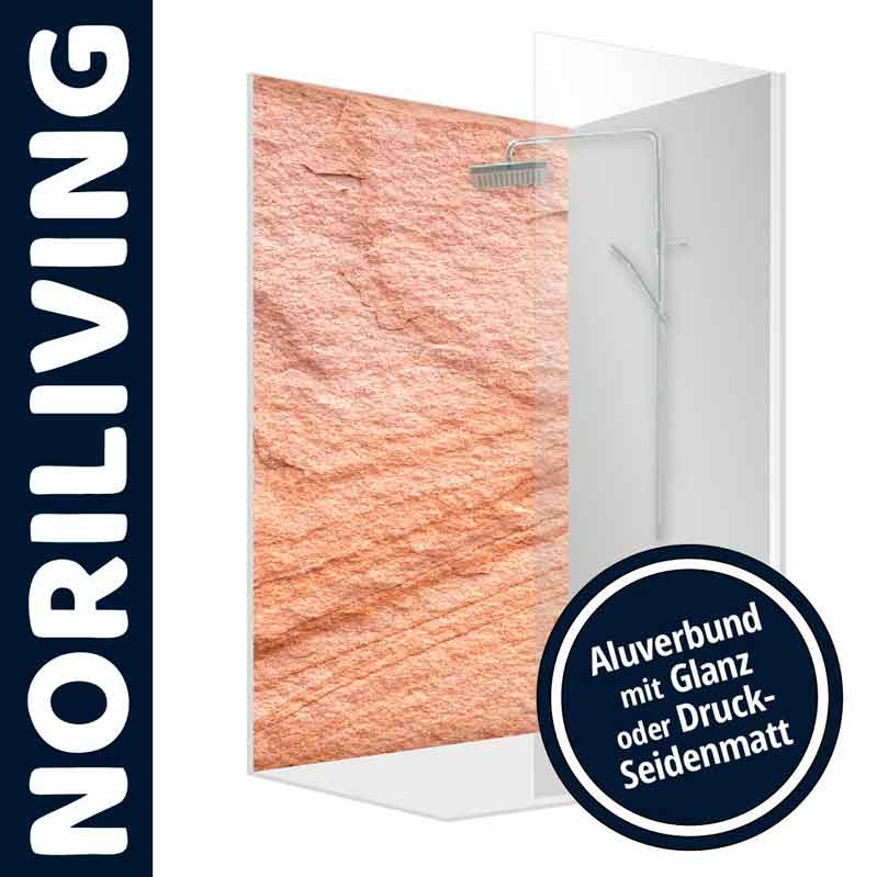 NORILIVING Aluverbund Duschwand mit Steinoptik - Glanz oder Druck-Seidenmatt Duschwand von NORILIVING mit Steinmuster, verfügbar in Glanz oder Druck-Seidenmatt