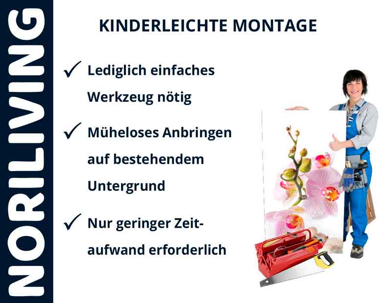Einfache Montageanleitung von Noriliving-Produkten Werbung für Noriliving mit einfacher Montageanleitung. Person mit Werkzeug zeigt eine Montageplatte mit Blumenmotiv.
