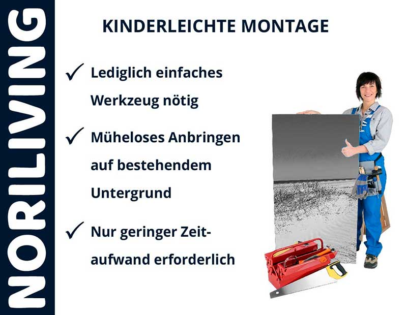 Mann mit Werkzeughalter neben Schild mit kinderleichter Montageanleitung von NORILIVING