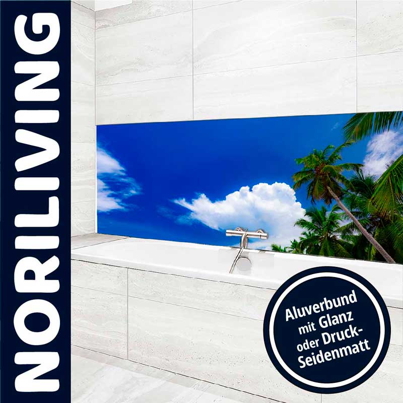 Badezimmer mit tropischem Strandmotiv auf Aluminiumverbund Wandpaneel, helles Design