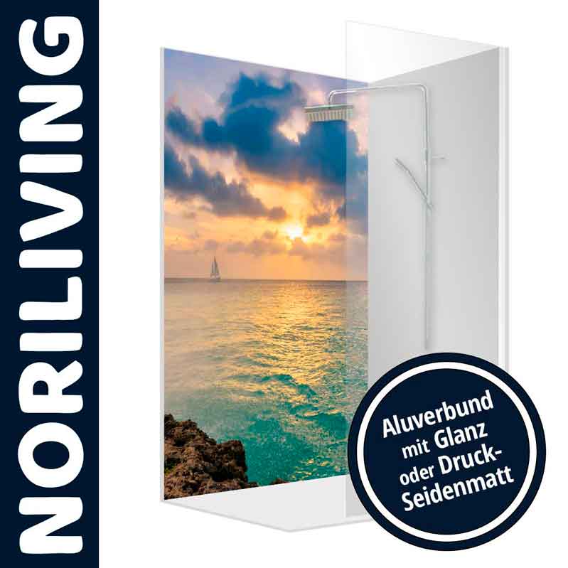 Dekorative Duschwand mit Sonnenuntergangsmotiv aus Aluverbund, erhältlich in Glanz oder Druck-Seidenmatt Duschwand mit beeindruckendem Sonnenuntergangsmotiv auf Aluverbund, ideal für Badezimmerdekoration