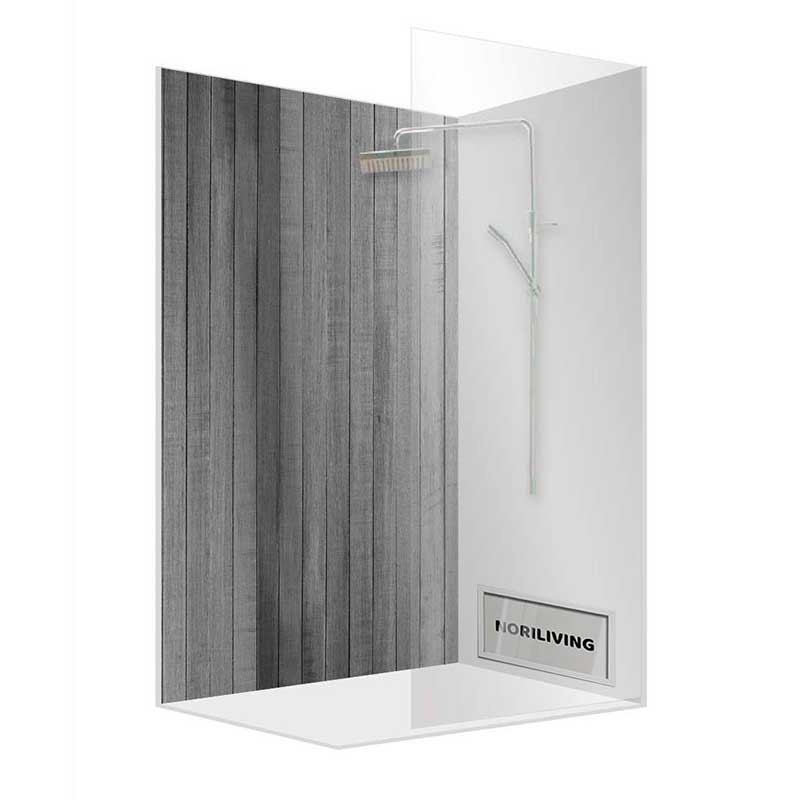 Moderner Duschbereich mit grauer Holzoptikwand, Glasverkleidung und minimalistischem Duschkopf