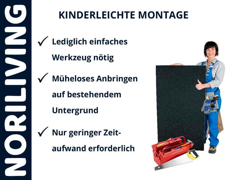 Frau in Arbeitskleidung zeigt auf eine Tafel, daneben Text 'Kinderleichte Montage', 'Lediglich einfaches Werkzeug nötig', 'Müheloses Anbringen auf bestehendem Untergrund', 'Nur geringer Zeitaufwand erforderlich', NORILIVING-Logo