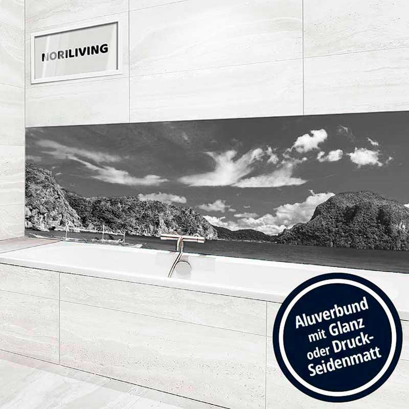 Stylisches Badezimmer mit Schwarz-Weiß-Landschaftswand und Aluverbundverkleidung