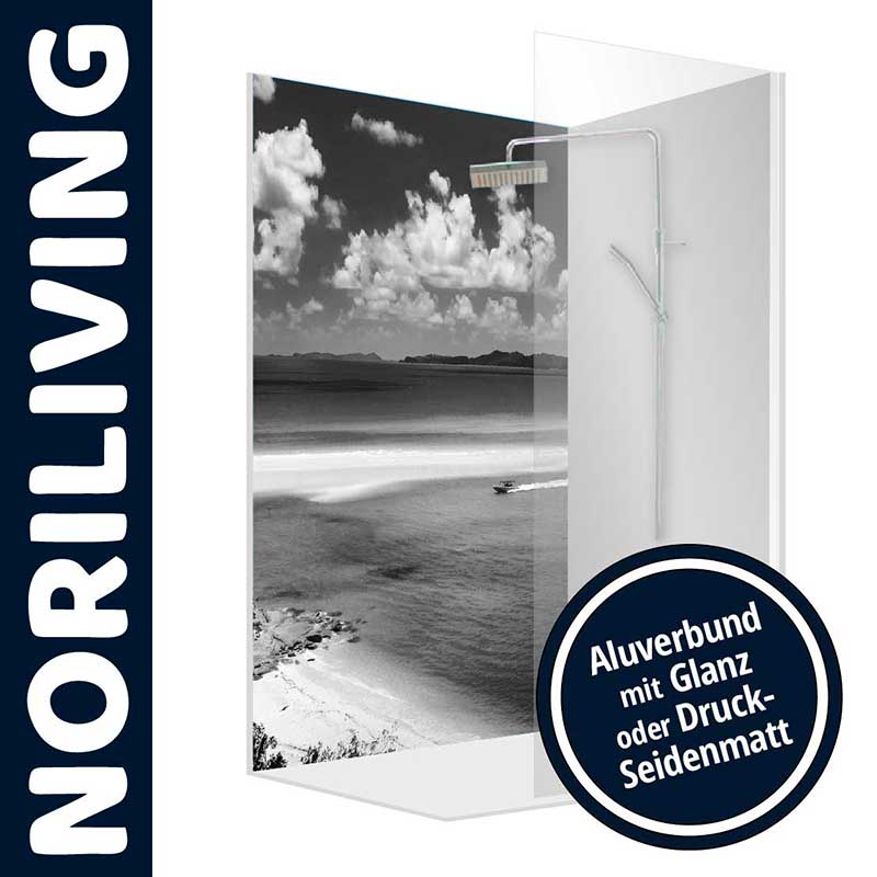 NORILIVING Duschwand mit Küstenmotiv - Aluverbund in Glanz oder Druck-Seidenmatt NORILIVING Duschwand mit Schwarz-Weiß-Küstenmotiv, hergestellt aus Aluverbund, erhältlich mit Glanz oder Druck-Seidenmatt-Oberfläche