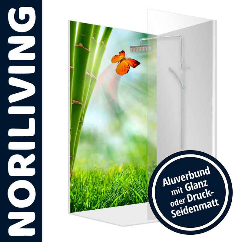 Duschwand mit Bambus und Schmetterling, erhältlich in Aluverbund mit Glanz oder Druck-Seidenmatt