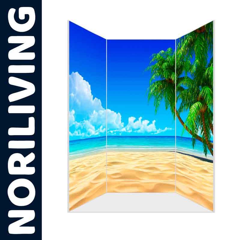 Paravent mit Strandmotiv, blauer Himmel und Palmen, idealer Raumteiler für ein tropisches Ambiente