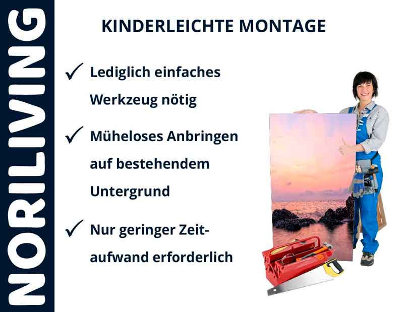 Person mit Werkzeugtasche präsentiert ein großformatiges Bild vor einem Sonnenuntergang. Text: Kinderleichte Montage, lediglich einfaches Werkzeug nötig, müheloses Anbringen, nur geringer Zeitaufwand erforderlich.