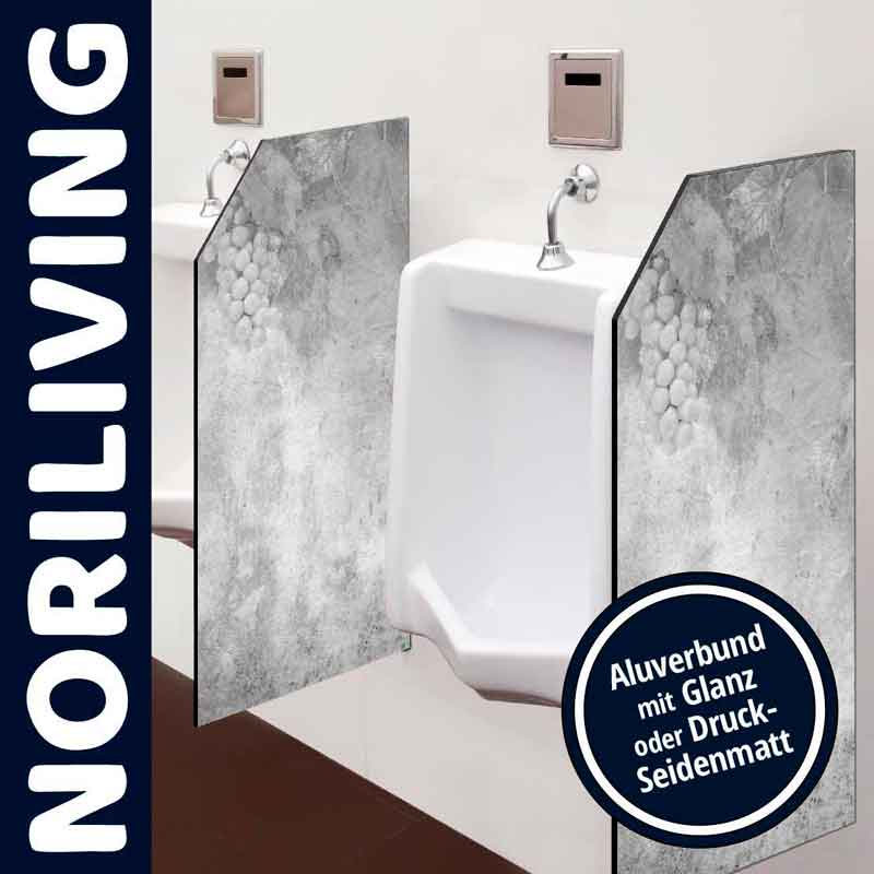 Urinalbereich mit stilvollen Aluverbund-Trennwänden, erhältlich in Glanz oder Druck-Seidenmatt