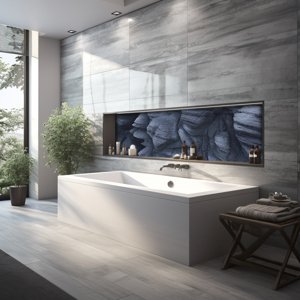 Modernes Badezimmer mit freistehender Badewanne und Steinwand-Design Elegantes Badezimmer mit freistehender Badewanne, Pflanzen und lichtdurchfluteter Atmosphäre