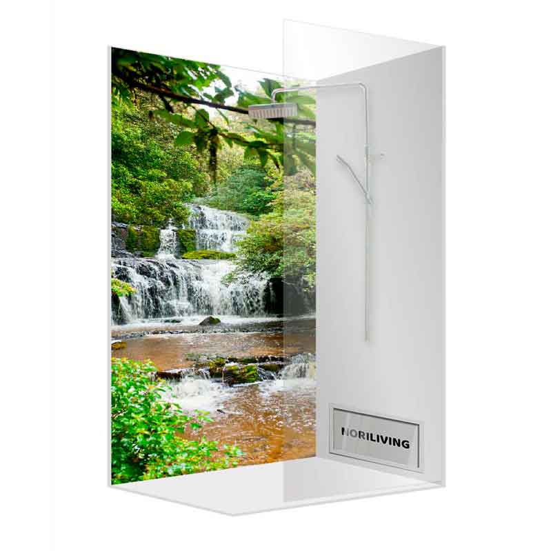 Moderne Dusche mit Glaswand und Wasserfallmotiv im Hintergrund