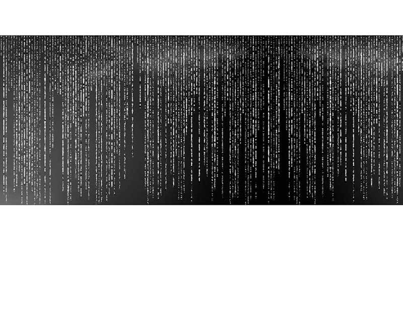 Hintergrund mit vertikalem digitalen Code in Schwarz-Weiß, der an Matrix-Codes erinnert.