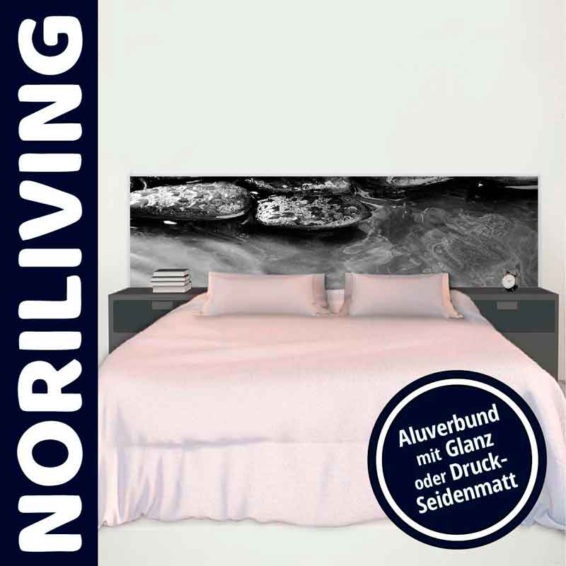 NORILIVING Bett mit dekorativem Kopfteil aus Aluverbund in Glanz oder Druck-Seidenmatt, mit Naturmotiv im Hintergrund