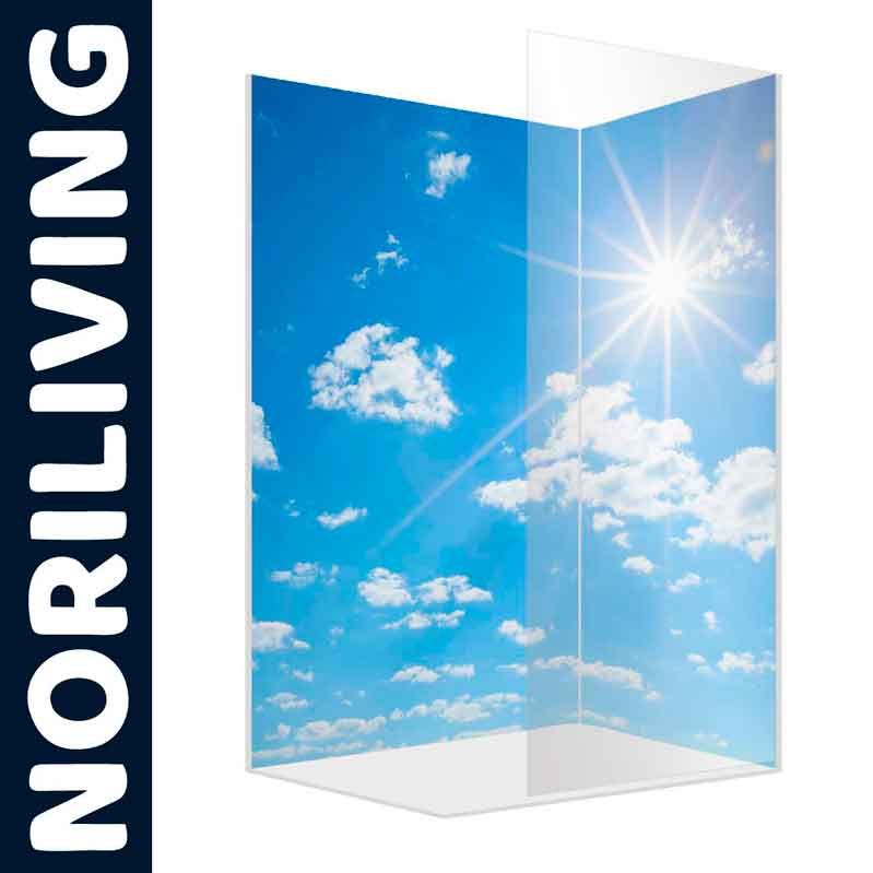 Duschspiegel von NORILIVING mit einem Himmel voller Wolken und Sonnenschein