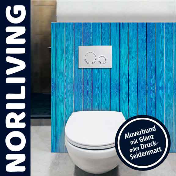 Eine stilvolle Badezimmerinstallation mit blauer Holzwandverkleidung und WC von Noriliving.