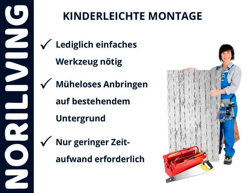 Frau präsentiert einfache Montage von NORILIVING mit Minimalwerkzeug und wenig Zeitaufwand