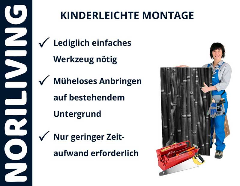 Frau in blauer Latzhose zeigt einfache Montageanleitung für Noriliving Produkte auf bestehendem Untergrund mit minimalem Werkzeugaufwand
