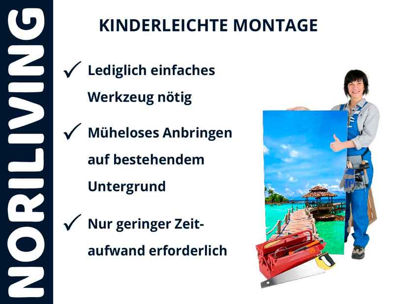 NoriLiving Wandbild mit einfacher Montage NoriLiving Wandbild mit kinderleichter Montage, Bild einer Person mit einem Werkzeuggürtel, schnelle und einfache Anbringung