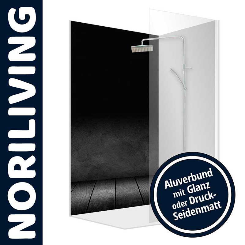 Moderne NoriLiving Duschwand aus Alu-Verbund mit Glanz- oder Druck-Seidenmatt-Oberfläche
