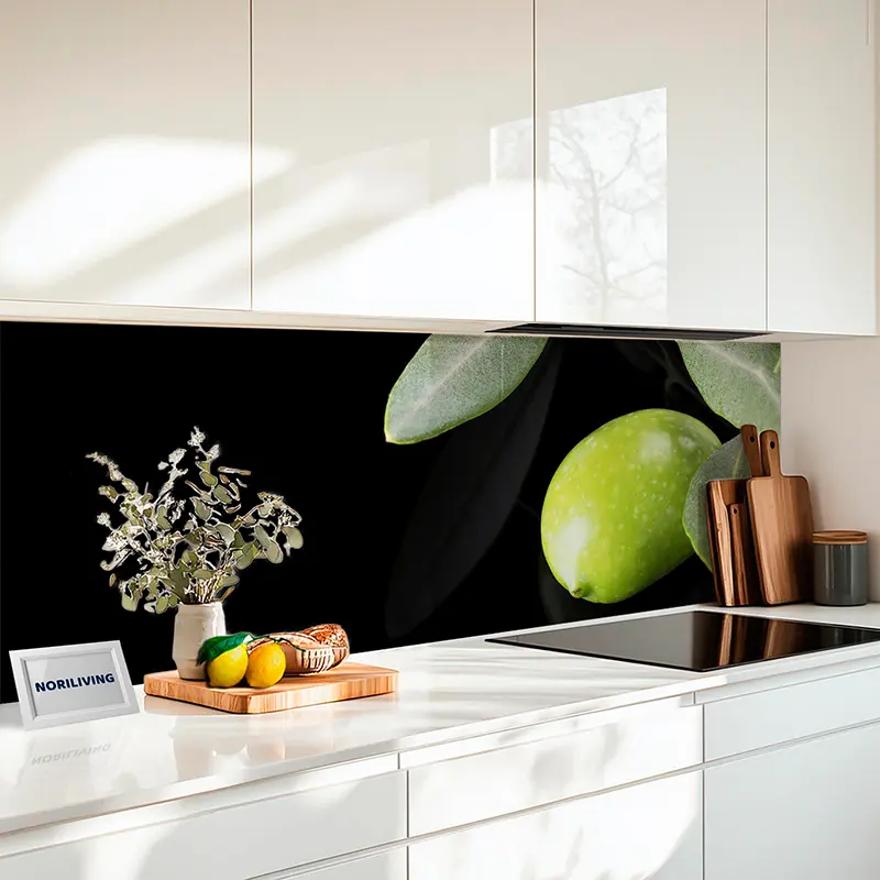 Fliesenspiegel Alu Olivenzweig auf schwarzem Hintergrund 487