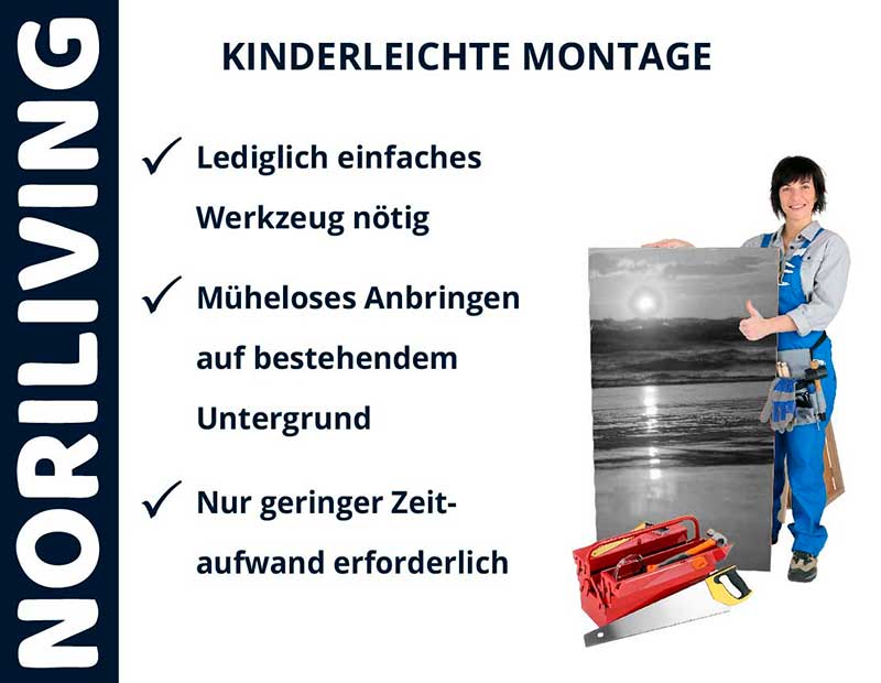 Werbung für Norliving mit einfacher Montageanleitung, Mann hält großes Bild