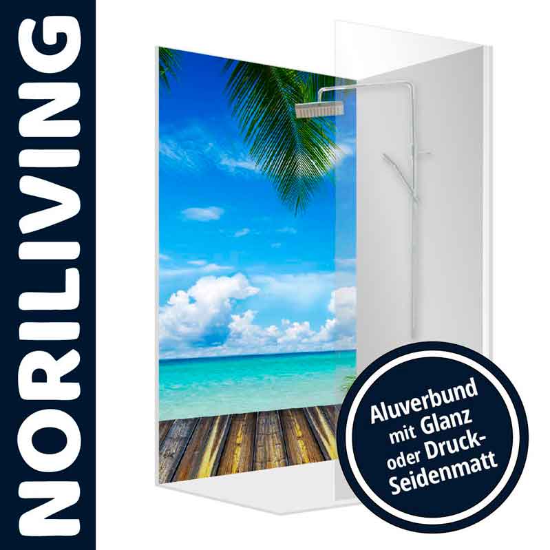 Noriliving Duschwand mit tropischem Strandmotiv, Aluverbund mit Glanz oder Druck-Seidenmatt Duschwand von Noriliving mit tropischem Strandmotiv, erhältlich in Aluverbund mit Glanz oder Druck-Seidenmatt