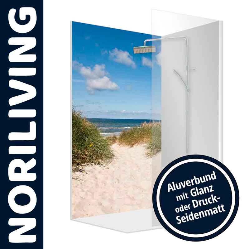 Duschwand mit Strandmotiv und integrierter Duschbrause von NORILIVING, erhältlich in glänzendem oder seidenmattem Aluverbund
