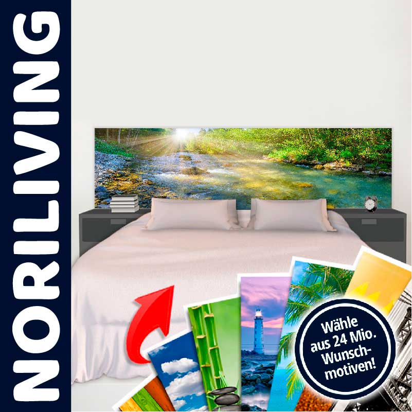 Schlafzimmer mit Bett und personalisierbarem Kopfteil-Motiv, Auswahl aus 24 Millionen Wunschmotiven von NORILIVING