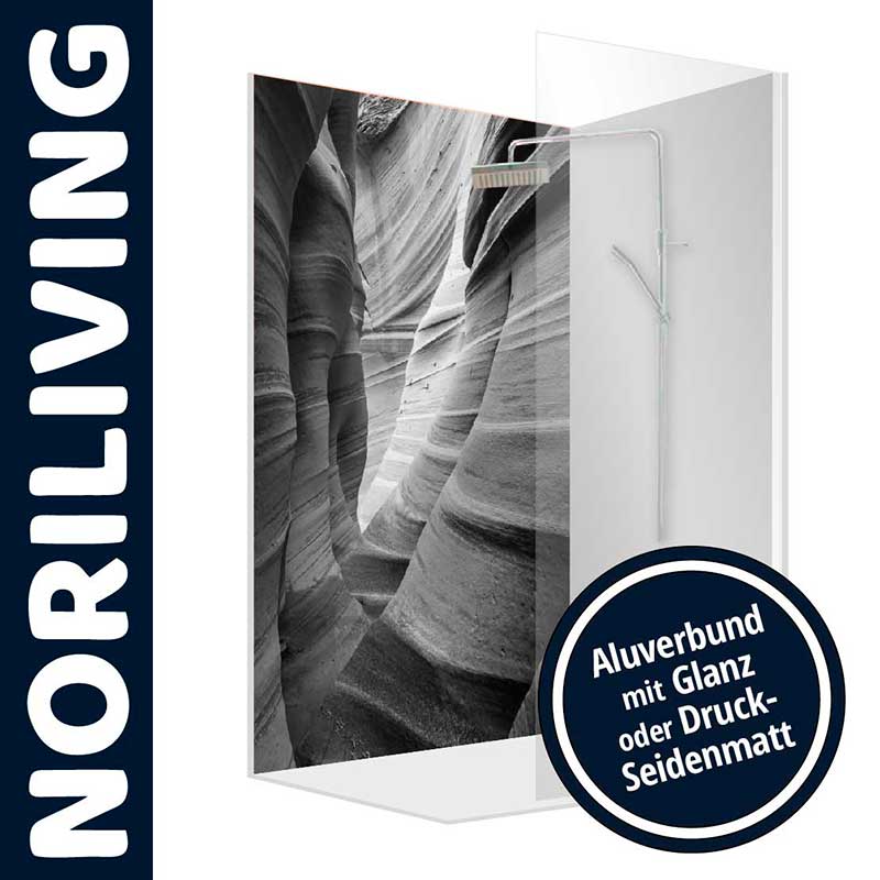 Duschwand aus Aluverbund mit Canyon-Motiv Hochwertige Duschwand aus Aluverbund mit beeindruckendem Canyon-Motiv, erhältlich in Glanz oder Druck-Seidenmatt