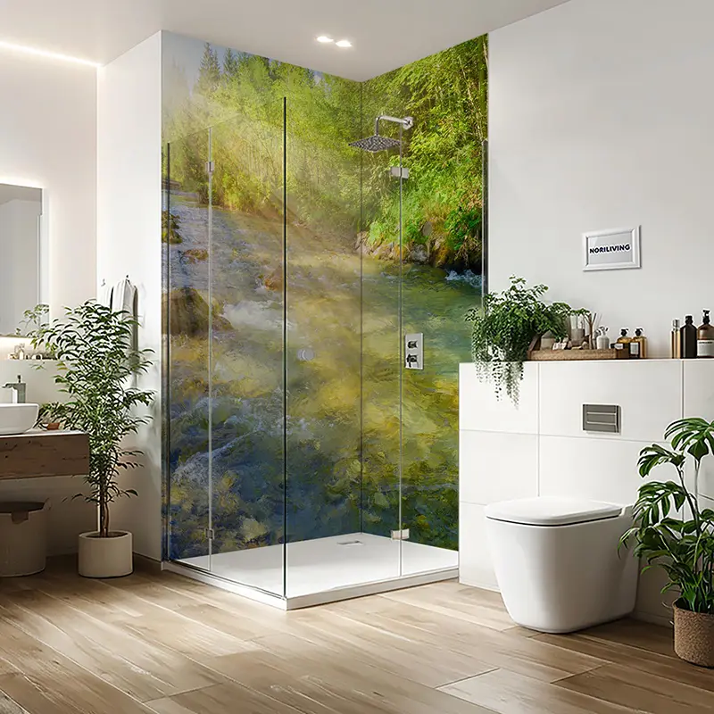 Glasdusche mit Fluss- und Waldmotiv