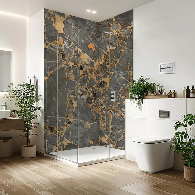 Duschrückwand Einzel | Ecke | Nische | Alu Marmorstruktur mittelgrau mit rostfarbigen Einschlüssen 011