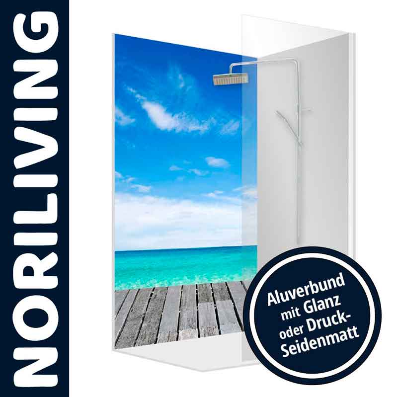 Duschrückwand mit Strandmotiv auf Aluverbund, Noriliving, mit Glanz oder Druck-Seidenmatt-Option