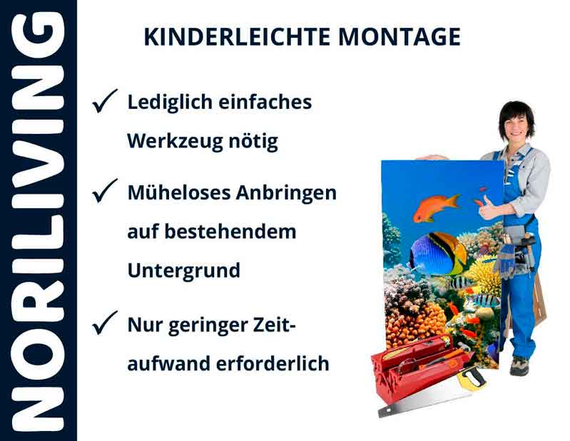 Einfache Montage mit minimalem Werkzeugaufwand – Noriliving Frau mit Werkzeugtasche, die ein einfach zu montierendes Wandbild von Noriliving präsentiert. Kindereinfache Montage mit minimalem Werkzeugeinsatz erforderlich.
