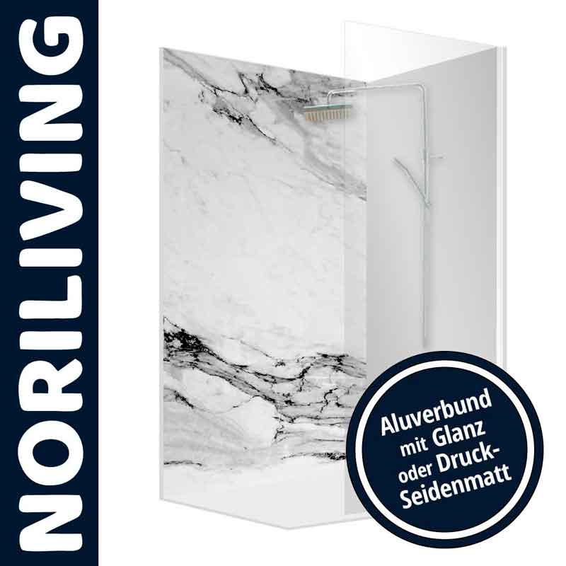 Duschwand von NORILIVING in Marmoroptik mit Glanz oder Druck-Seidenmatt, Aluverbund-Material
