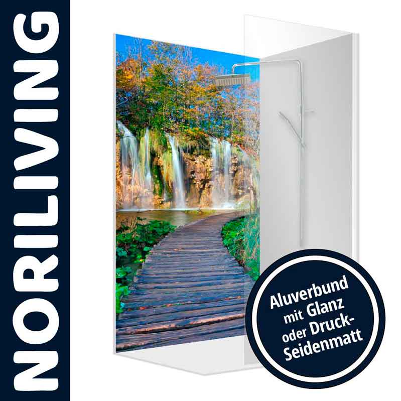 NORILIVING Duschrückwand mit Wasserfallmotiv Duschrückwand von NORILIVING mit beeindruckendem Wasserfallmotiv, erhältlich in Aluverbund mit Glanz oder Druck-Seidenmatt.