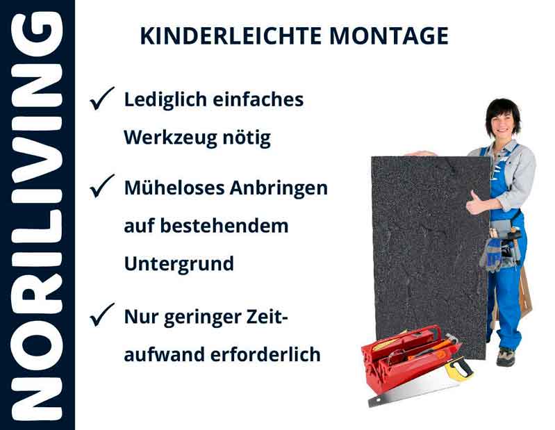 Werbung für Noriliving mit einfacher Montageanleitung, die minimalen Werkzeug- und Zeitaufwand betont