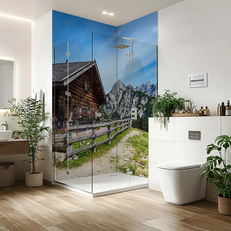 Duschrückwand Einzel | Ecke | Nische | Alu Blick auf die Litzlalm mit Hütte in Österreich 250