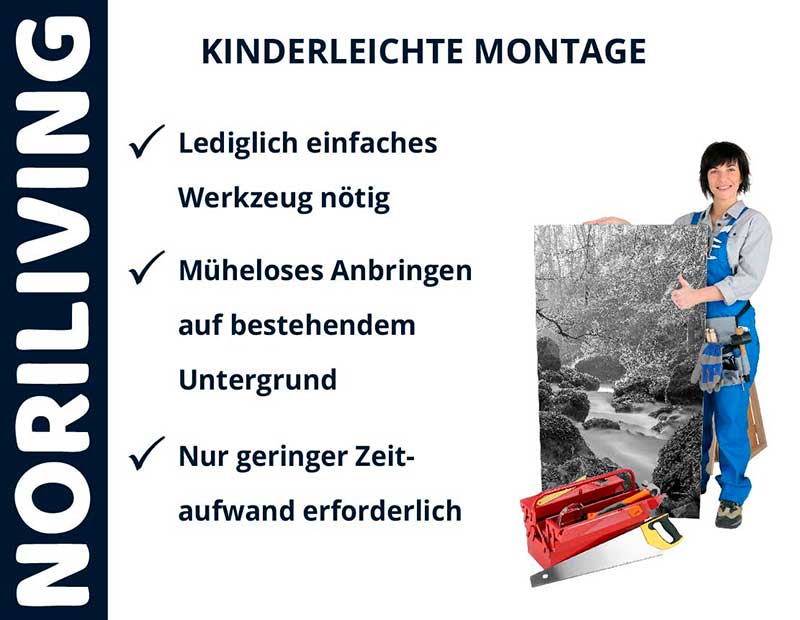 Mann mit Werkzeugkasten und Wandbild zeigt kinderleichte Montageoptionen von Noriliving auf