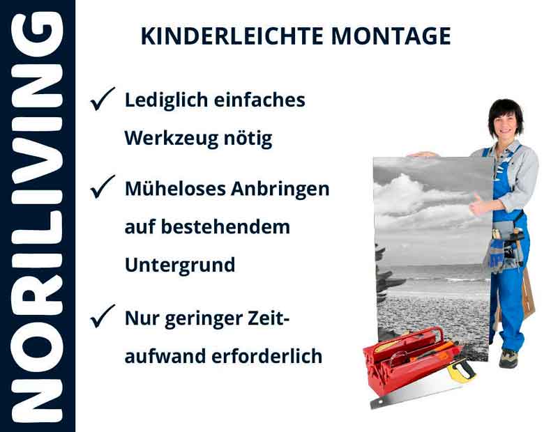 Handwerker mit Werkzeug zeigt einfache Montageanleitung, minimaler Zeitaufwand und Werkzeug nötig.