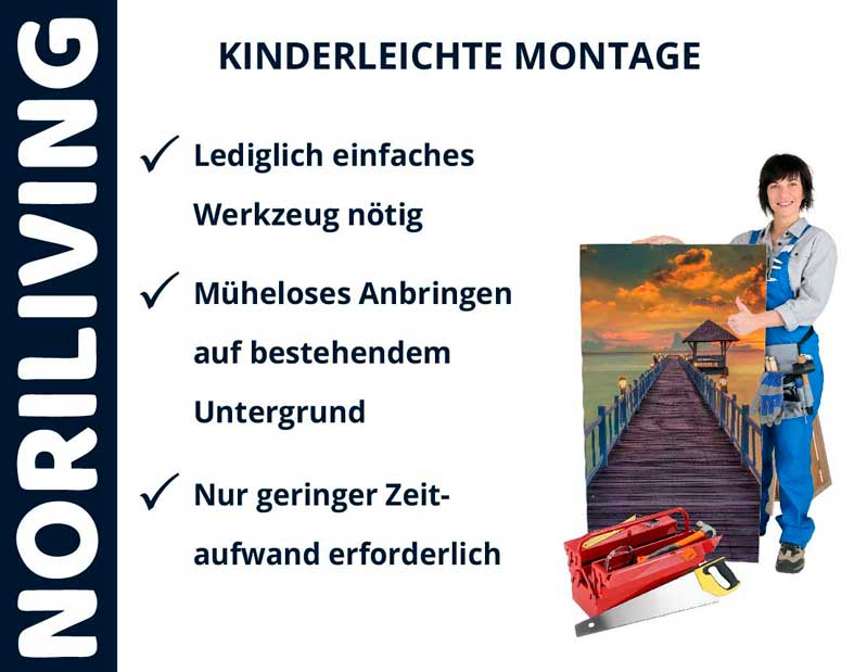 Plakat von NORILIVING mit Anweisungen zur kinderleichten Montage mit wenig Aufwand, helfender Person und Werkzeug gezeigt.