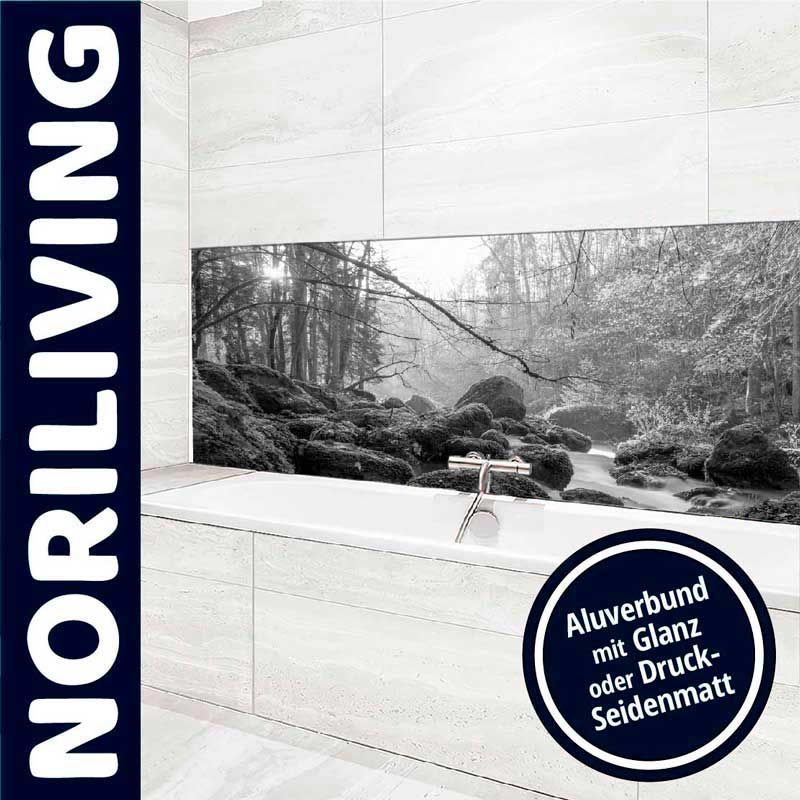 Badezimmer mit Naturmotiv auf Wandpaneel, hergestellt von Noriliving, Aluverbundmaterial in Glanz oder Druck-Seidenmatt