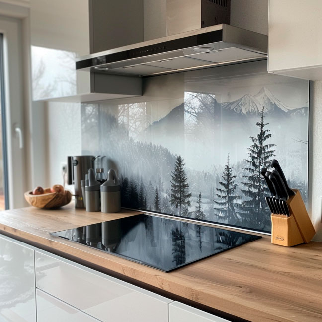 Moderne Küche mit einer Glasrückwand, die ein Waldmotiv zeigt, ergänzt durch ein elegantes Kochfeld auf einer Holzarbeitsplatte.